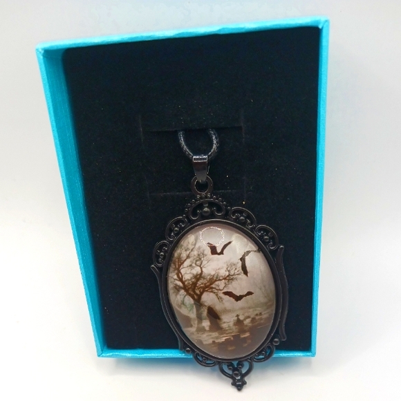 Gothic Metal Cameo Choker Graveyard Scene Necklace with Chain + Gift Box New - Picture 2 of 10